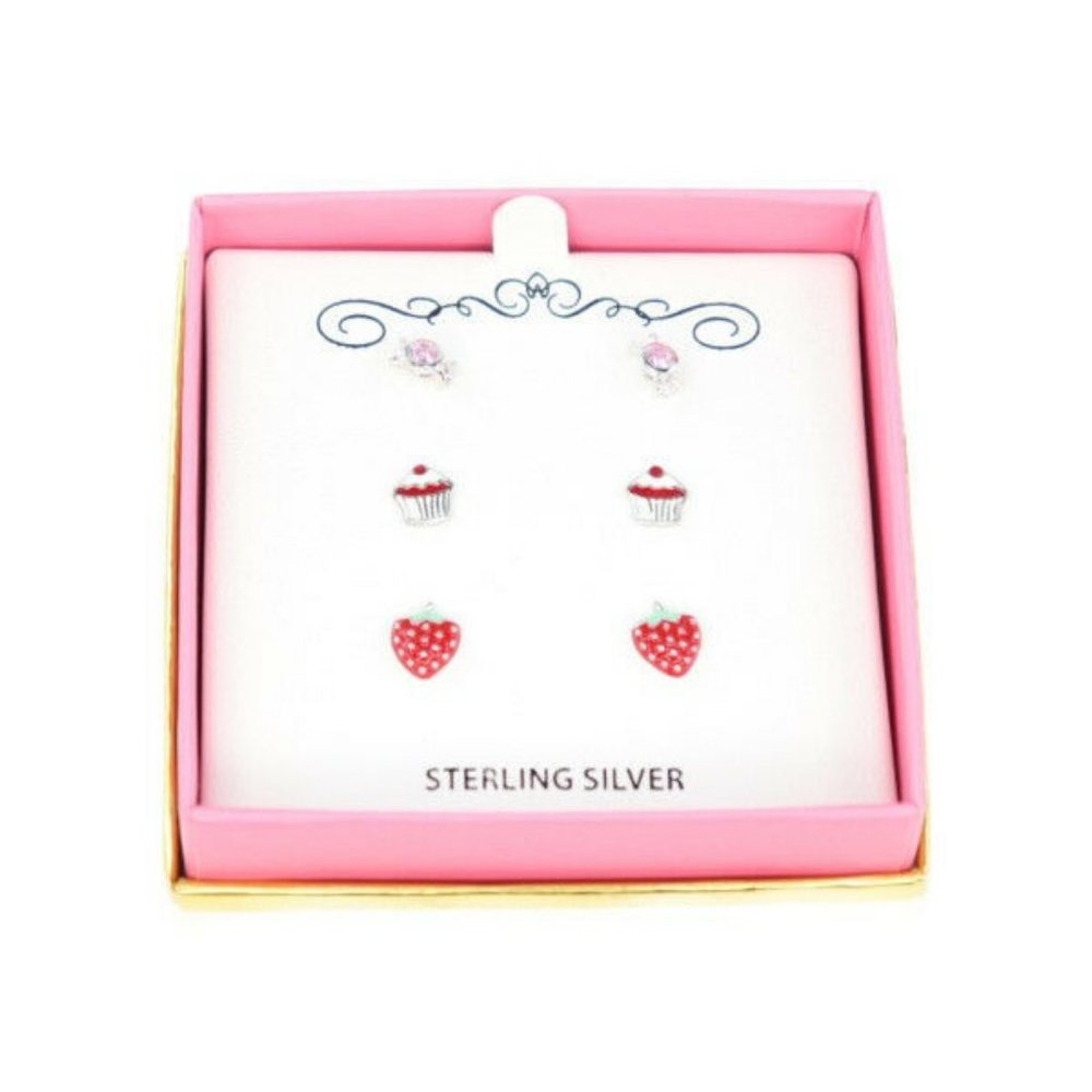 Childrens Sterling Silver/Pink Crystal Stud Earrings Dessert-Inspired Candy/Cupc
